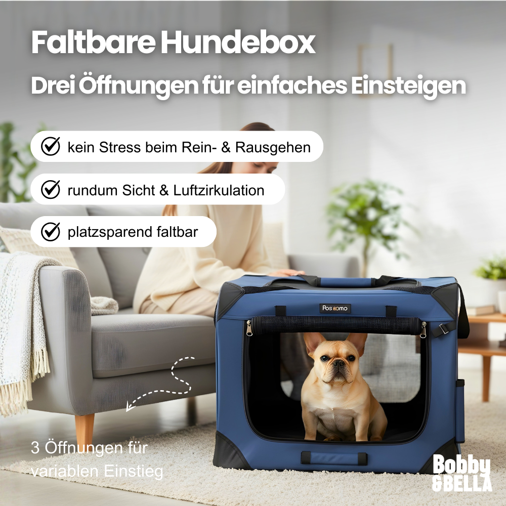 Faltbare Hundebox mit 3 Öffnungen – Luftig, stabil & stressfreies Einsteigen