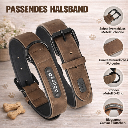LumiTag™ Set – Personalisiertes Leder Hundehalsband mit Gravur und Leine