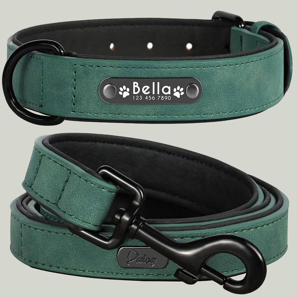 LumiTag™ Set – Personalisiertes Leder Hundehalsband mit Gravur und Leine