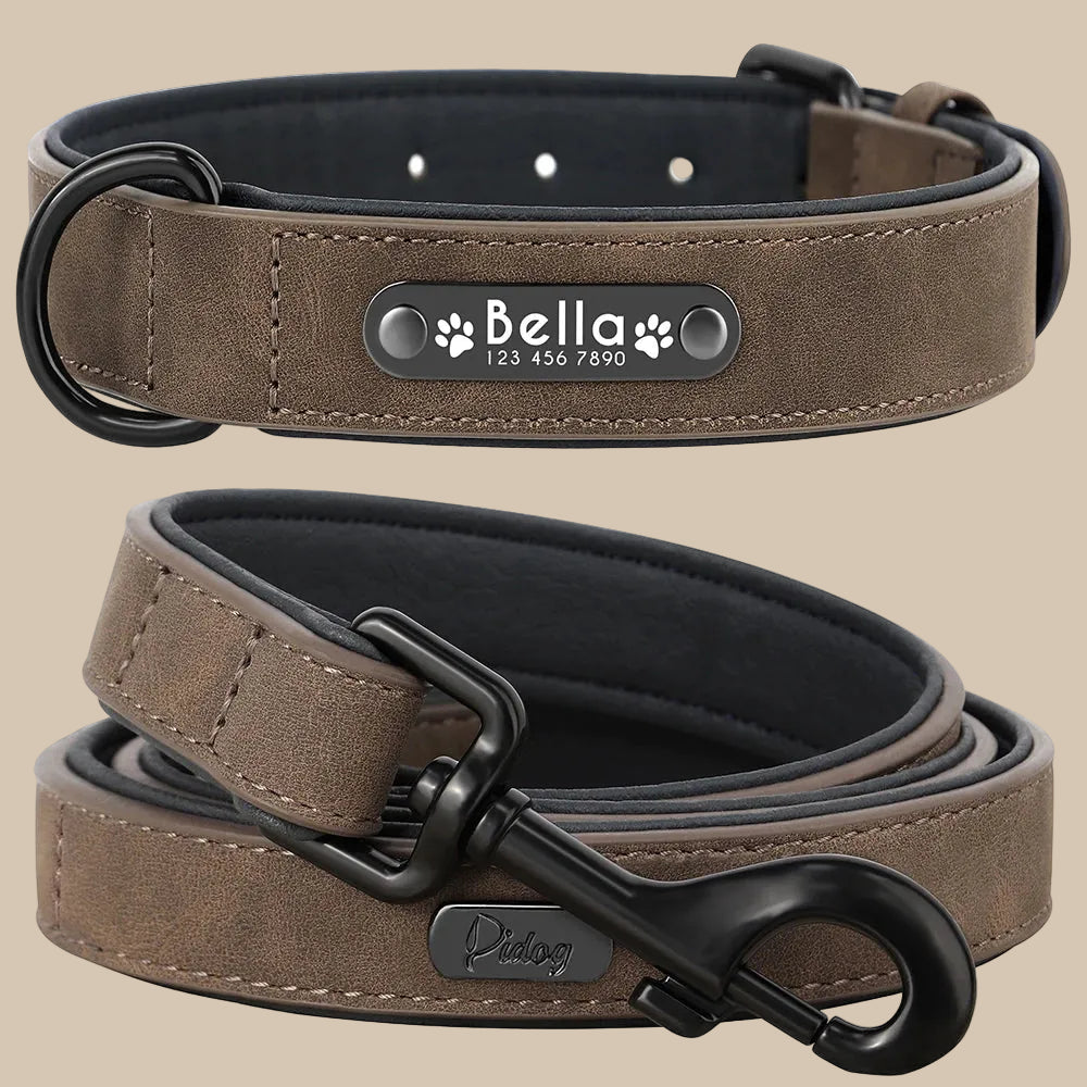 LumiTag™ Set – Personalisiertes Leder Hundehalsband mit Gravur und Leine