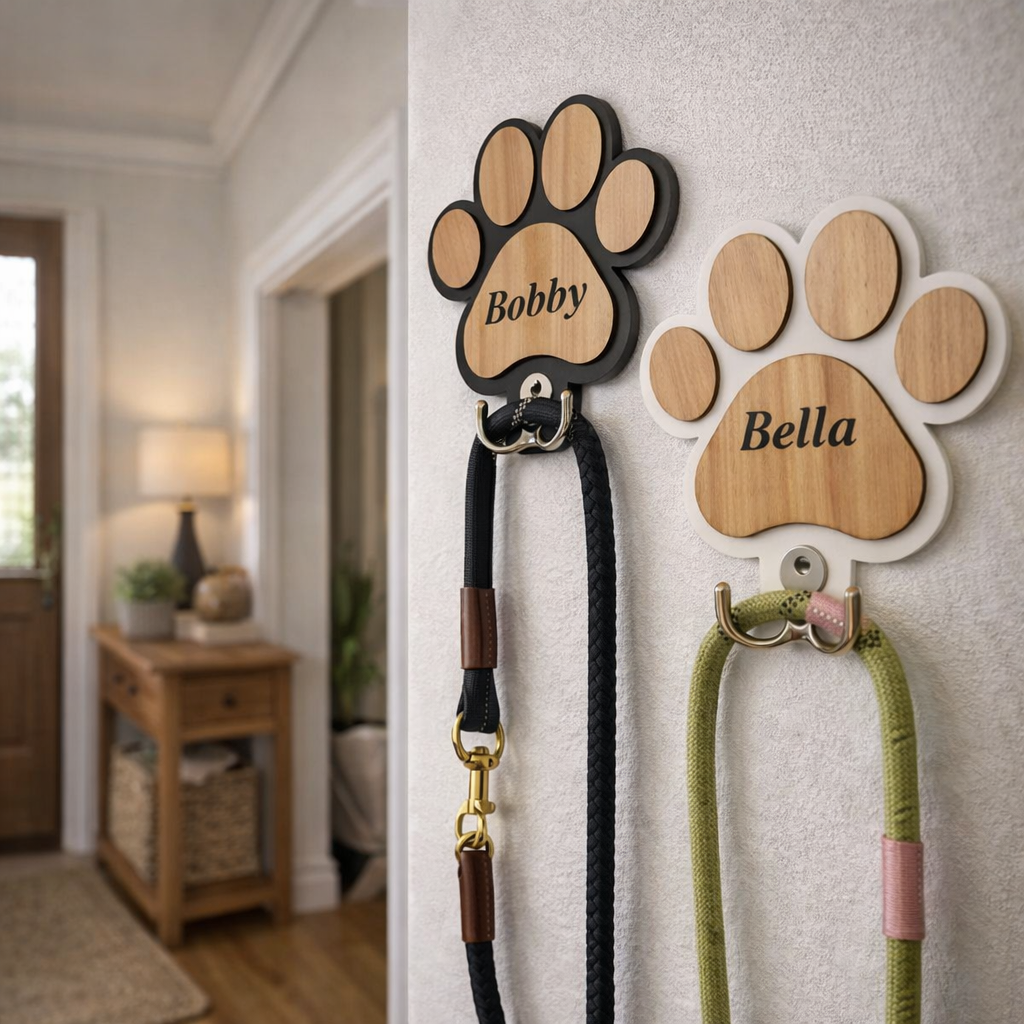 PawHook™ – Personalisierte Holz-Leinenhalterung für Hunde